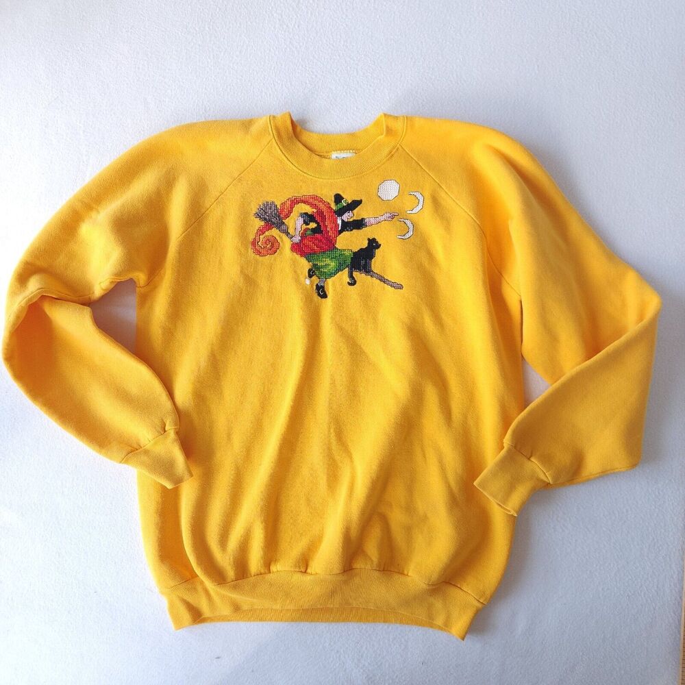 Vintage Shirt Embroidered Witch Halloween Top Unisex XL Sweatshirt Crew Vtg - Picture 8 of 10